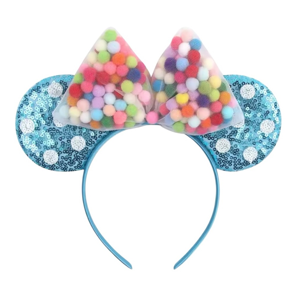 Disney Parks UP Blue Sequin Mickey Mouse Ears Headband with Colorful Pom-Pom Bow